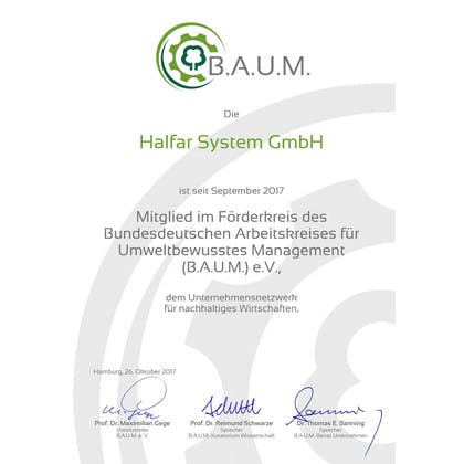 Halfar Mitgliedsurkunde B.A.U.M. e.V.