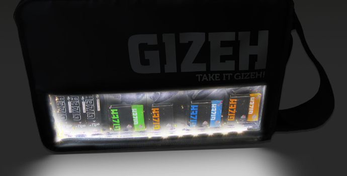 Illuminated GIZEH promotional bag with a product display window for high visibility.