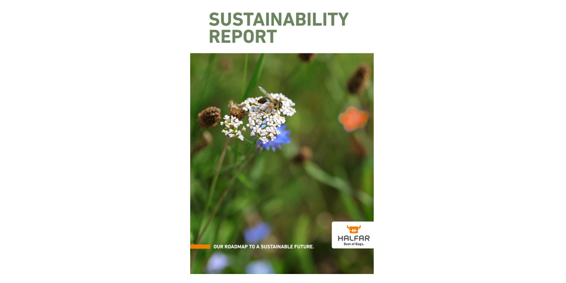 Cover page of the Halfar Sustainability Report featuring a flower meadow and insects