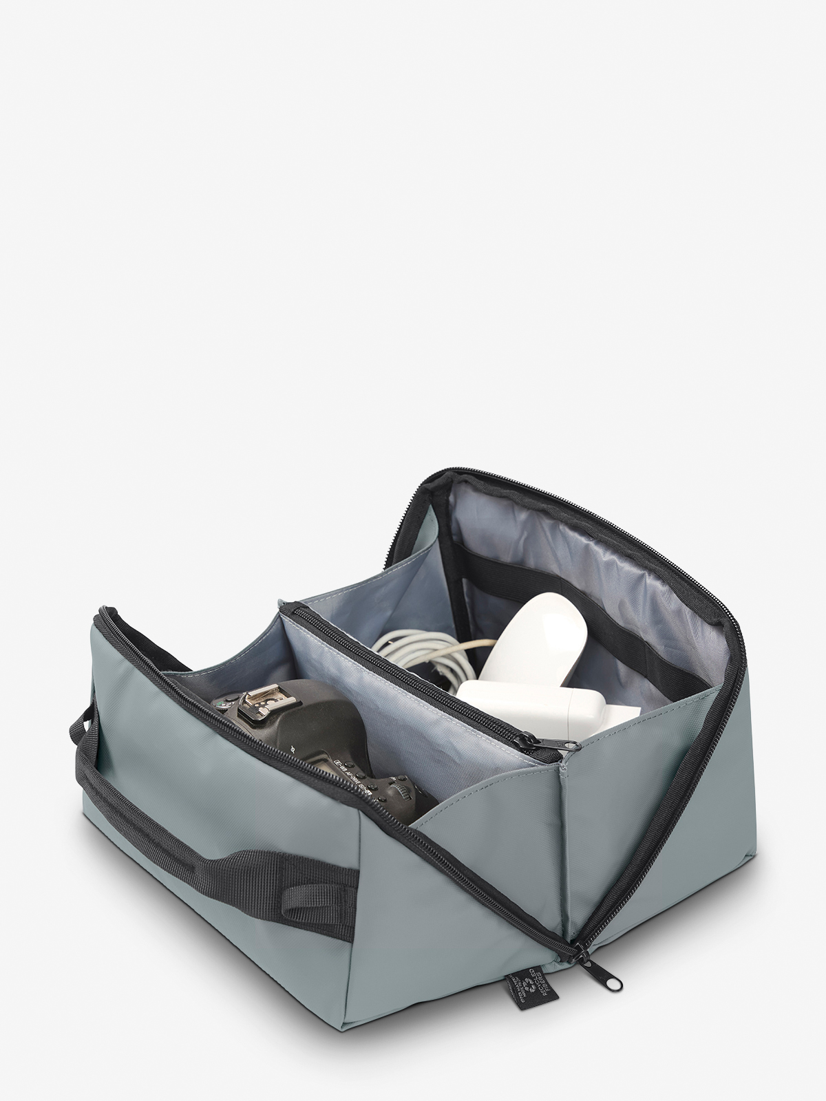 Reissverschluss-Tasche BOX mittelgrau gefuellt kamera