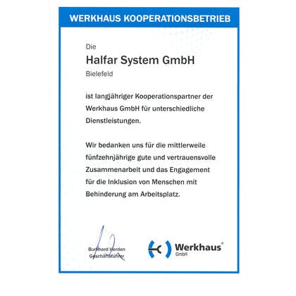 Auszeichnung als Werkhaus Kooperationspartner für die Halfar System GmbH