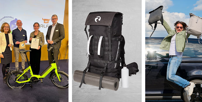 Collage mit Award-Verleihung, Rambler Backpack und Lifestyle-Tasche im Jahresrückblick 2024