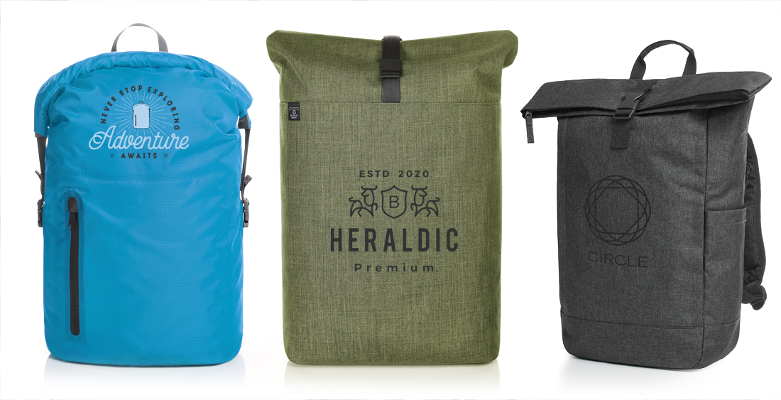 Drei verschiedene Werberucksäcke mit Logoanbringung