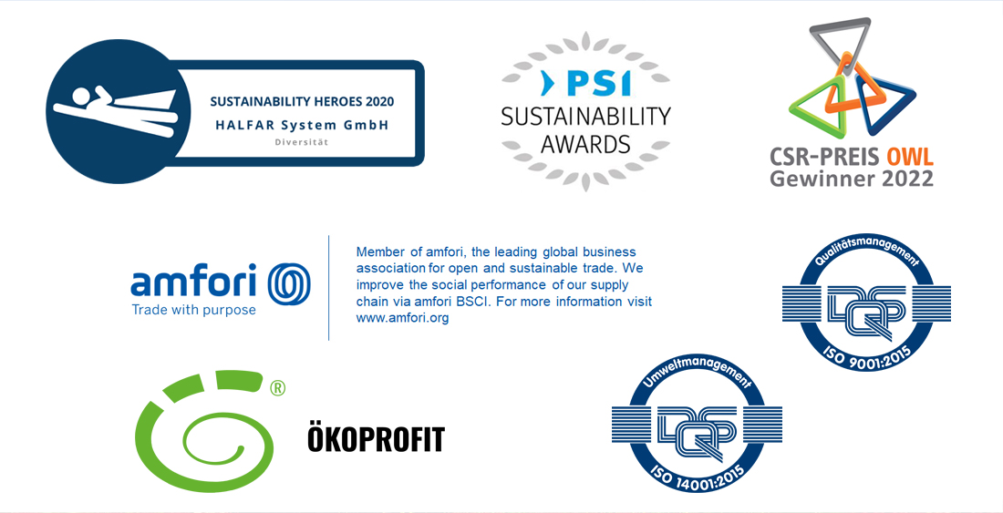 Logos einiger Zertifikate und Auszeichnungen von HALFAR®