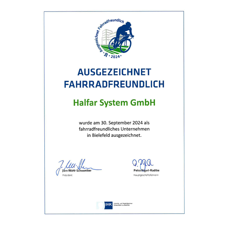 Urkunde Ausgezeichnet Fahrradfreundlich für die Halfar System GmbH