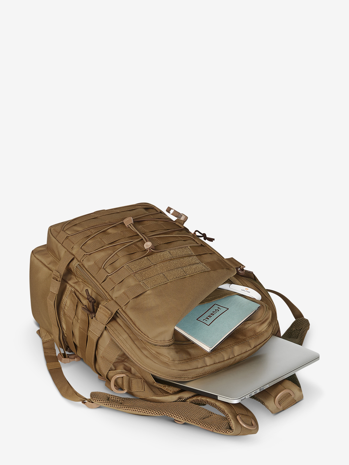 notebook backpack MOLLE coyote-brown lying