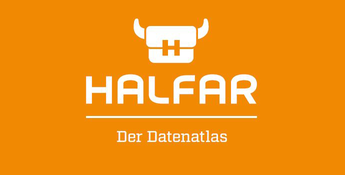 Halfar Datenatlas Titelbild mit weißem Logo auf orangefarbenem Hintergrund