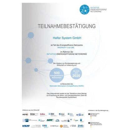 Teilnahmebestätigung für die Halfar System GmbH am Energieeffizienz-Netzwerk OWL
