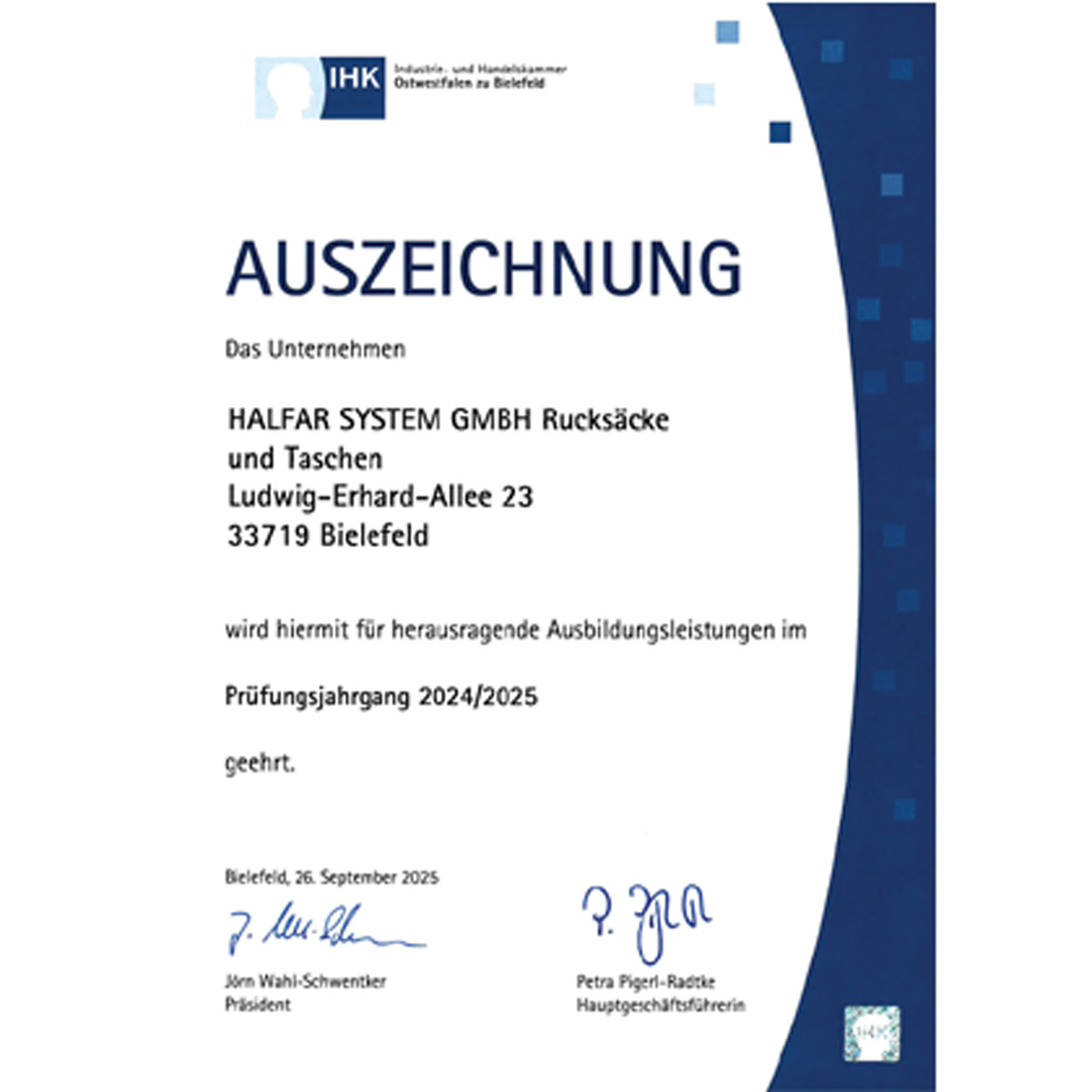 IHK Auszeichnung für herausragende Ausbildungsleistung Halfar