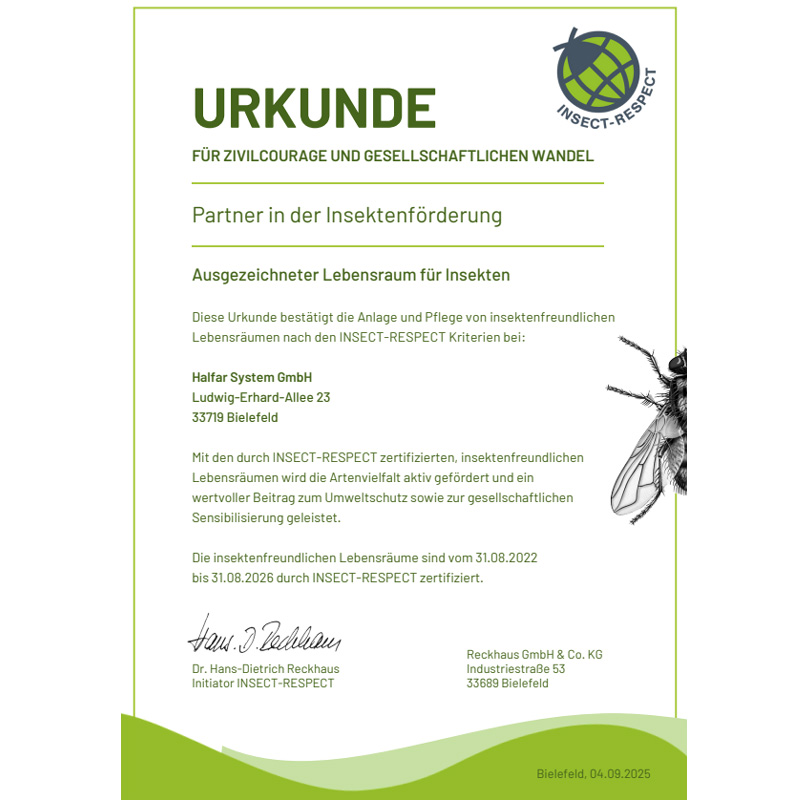 INSECT RESPECT Urkunde für Halfar's ausgezeichneten Lebensraum für Insekten