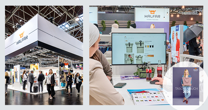 Halfar Messestand, Beratung am Bildschirm mit Taschen und Katalog