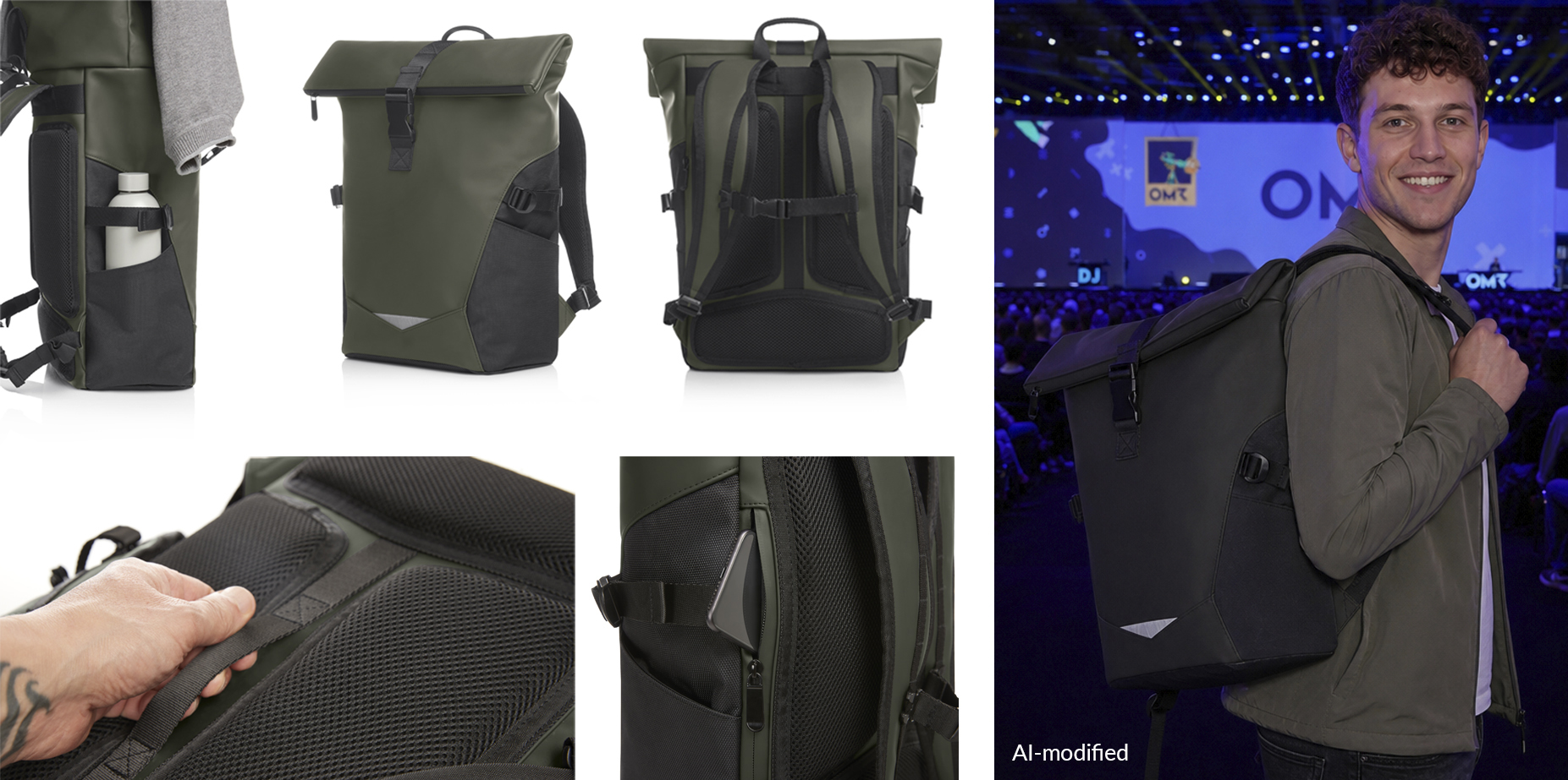 Rucksack ORBIT aus verschiedenen Perspektiven und in Aktion beim OMR Festival