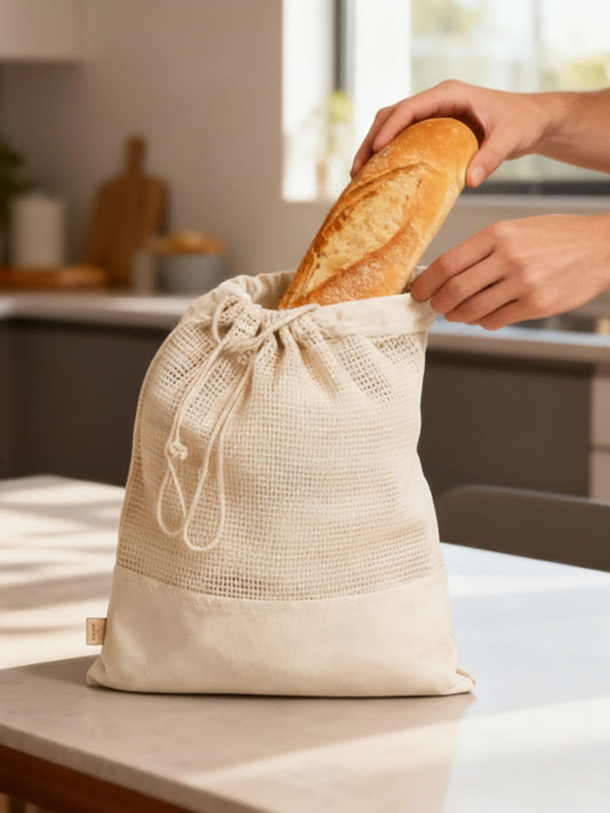 Mehrwegbeutel ORGANIC natur mit Model