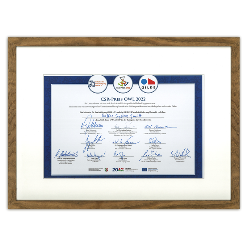 Urkunde CSR Preis OWL 2022 für die Halfar System GmbH