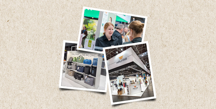 Halfar Messestand auf der PSI 2023 mit Newcomer-Taschen und Beratungsgespräch