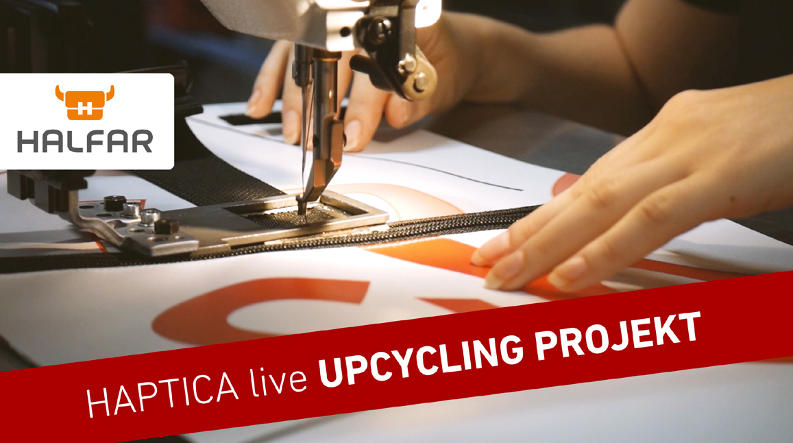 Upcycling Taschen aus gebrauchten Materialien wie z.B. HAPTICA Messebanner