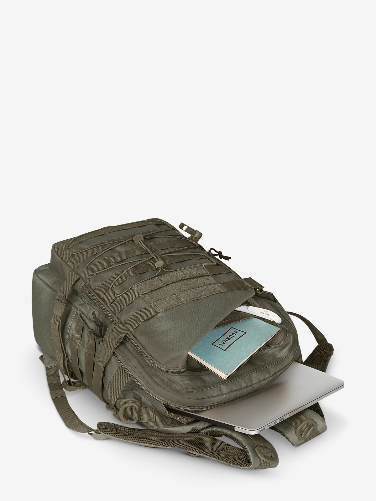 Notebook-Rucksack MOLLE oliv liegend