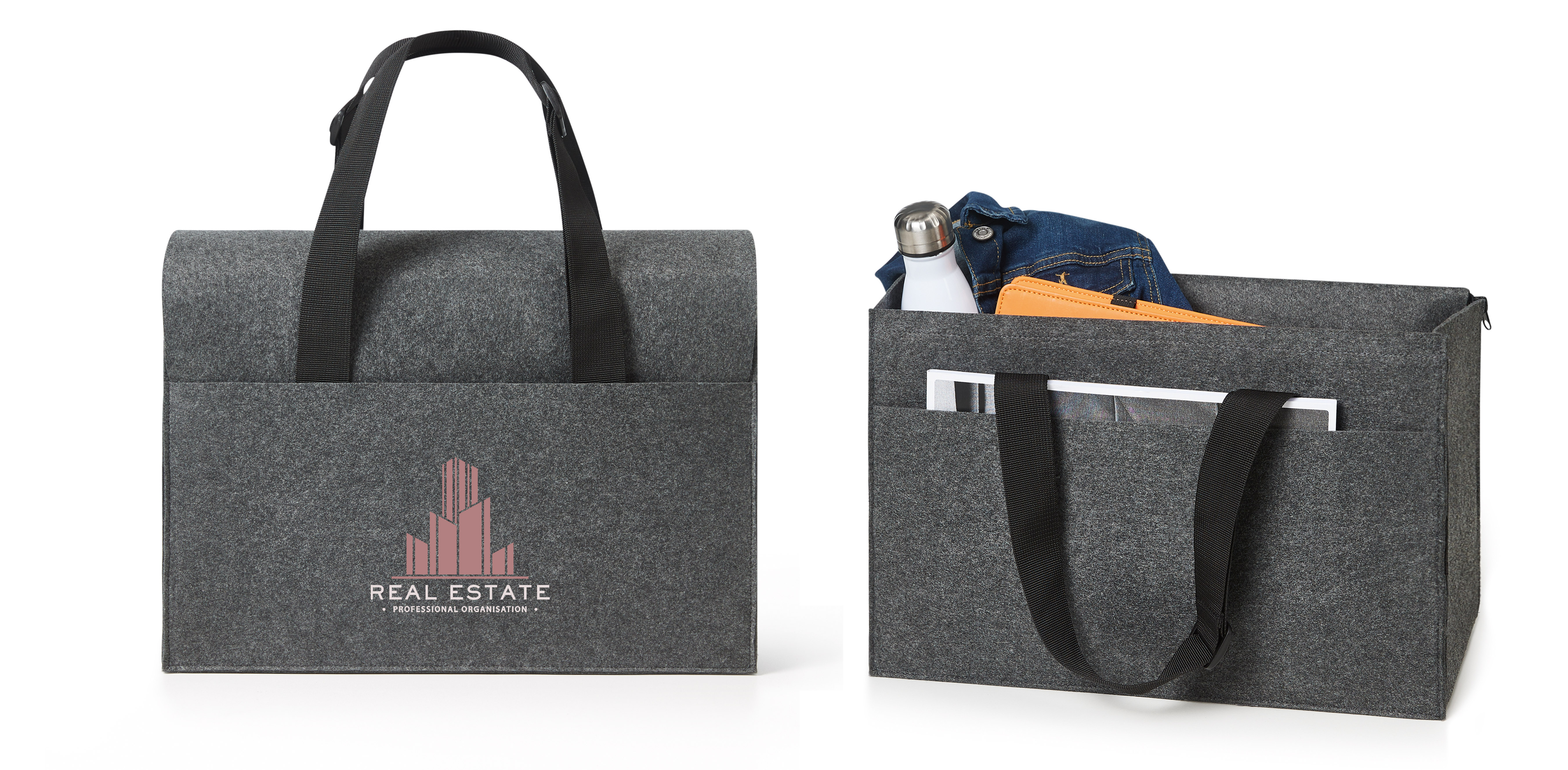 Felt laptop organizer as office to go with compartments for laptop, bottle and documents