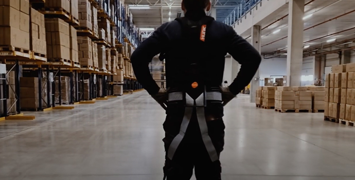 Mitarbeiter mit Exoskelett steht im Logistiklager zwischen Regalen und Kartons