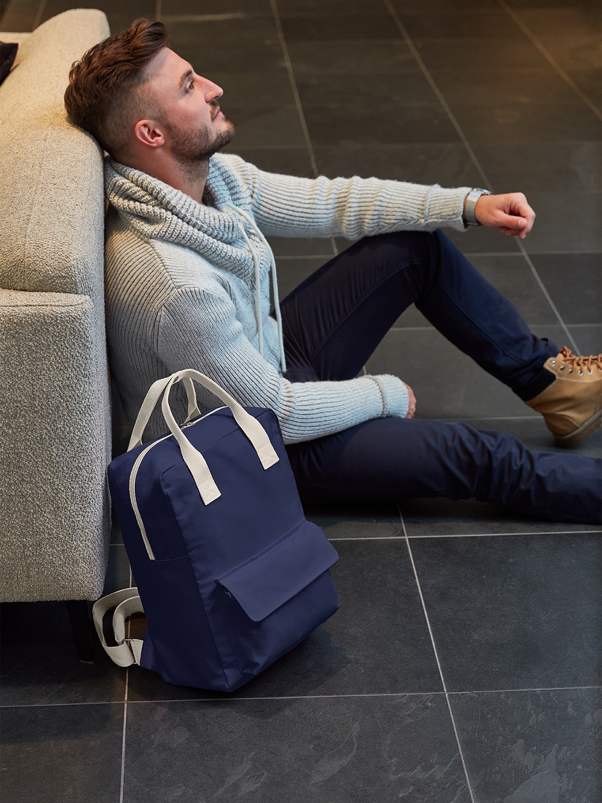 backpack LIKE navy featuring a model