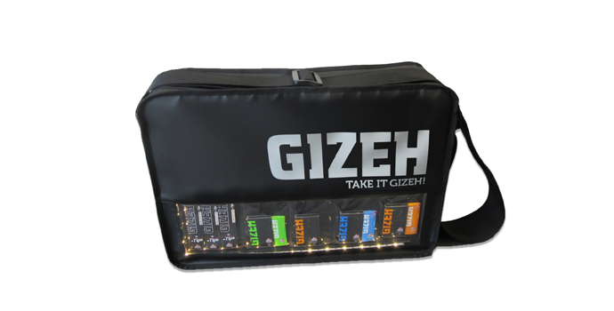 GIZEH promotional bag with distinctive lettering and an integrated display window.