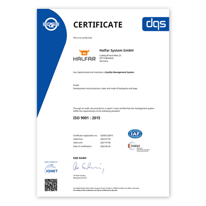 Halfar Certificate DIN ISO 9001:2015
