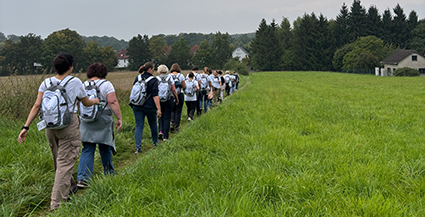 Halfar Team bei Wandertag als Gruppe auf Wiese unterwegs