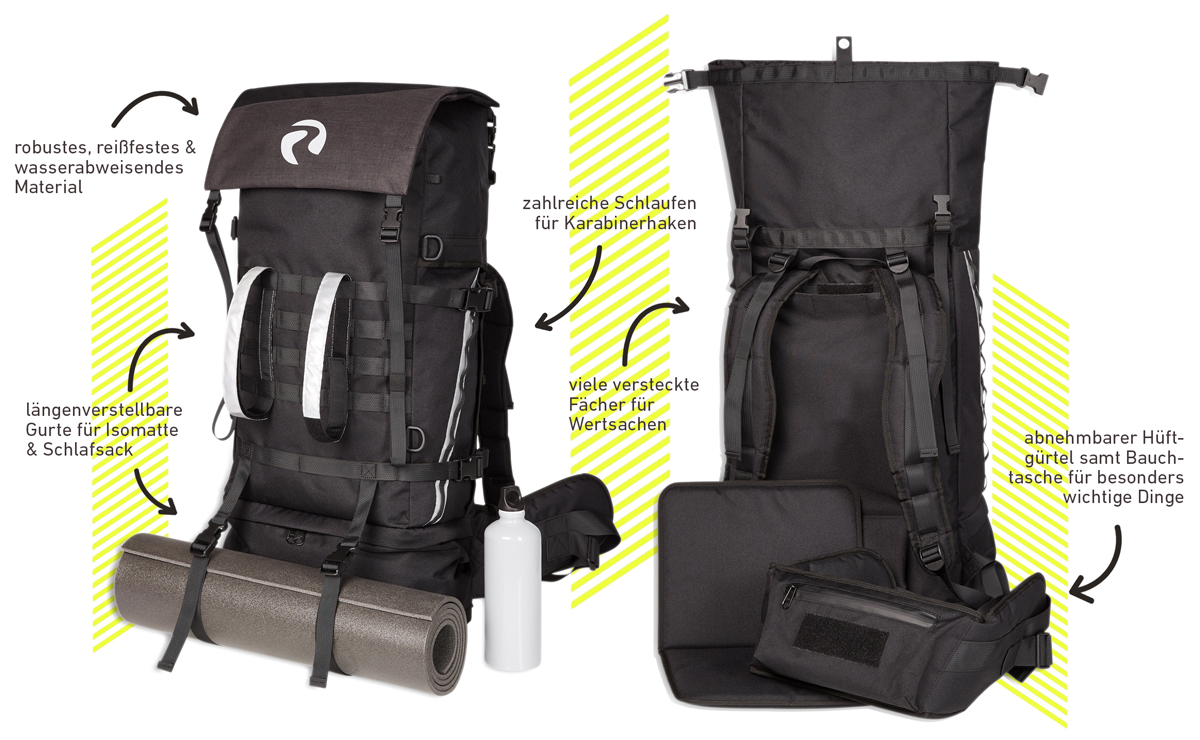 Rambler Backpack mit Rolltop, Befestigungsschlaufen, versteckten Fächern und abnehmbarem Hüftgurt